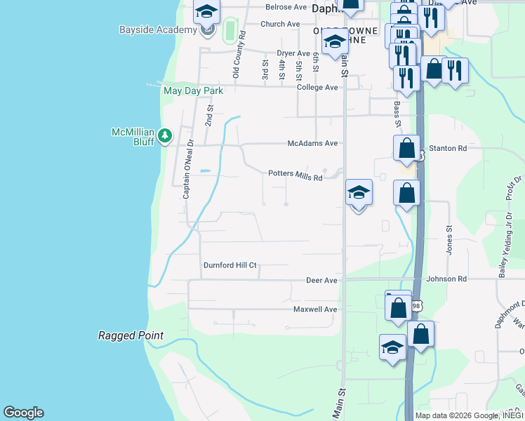 map of restaurants, bars, coffee shops, grocery stores, and more near 1262 Frances Street in Daphne