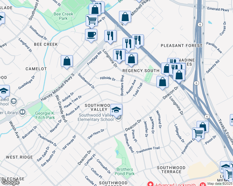 map of restaurants, bars, coffee shops, grocery stores, and more near 1507 Austin Avenue in College Station