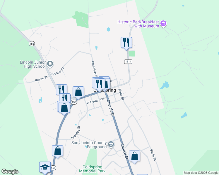 map of restaurants, bars, coffee shops, grocery stores, and more near 1 Texas 150 in Coldspring