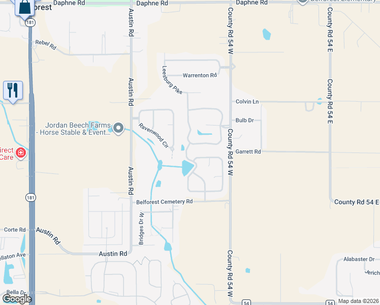 map of restaurants, bars, coffee shops, grocery stores, and more near 25160-25298 Fairfax Rd in Daphne
