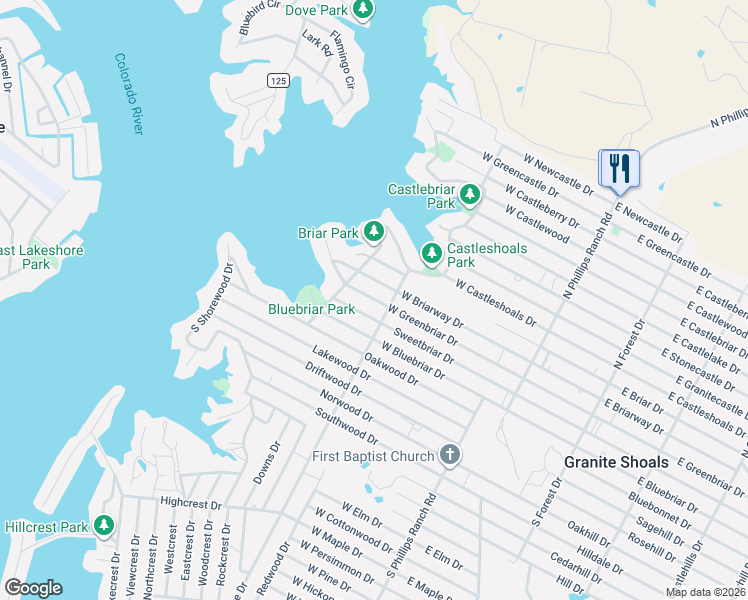 map of restaurants, bars, coffee shops, grocery stores, and more near 209 West Sweetbriar Drive in Marble Falls