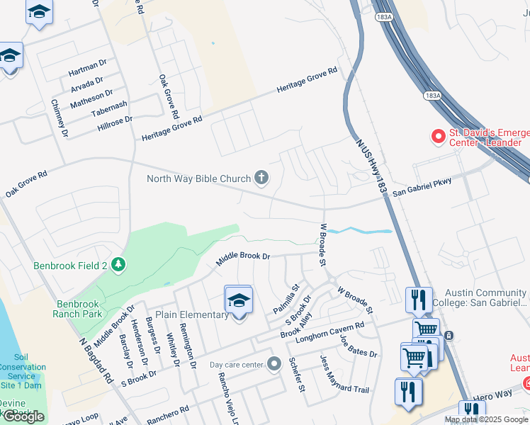 map of restaurants, bars, coffee shops, grocery stores, and more near 1305 Mustang Brook Lane in Leander