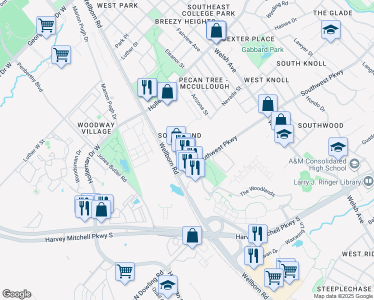 map of restaurants, bars, coffee shops, grocery stores, and more near 301 Southwest Parkway in College Station