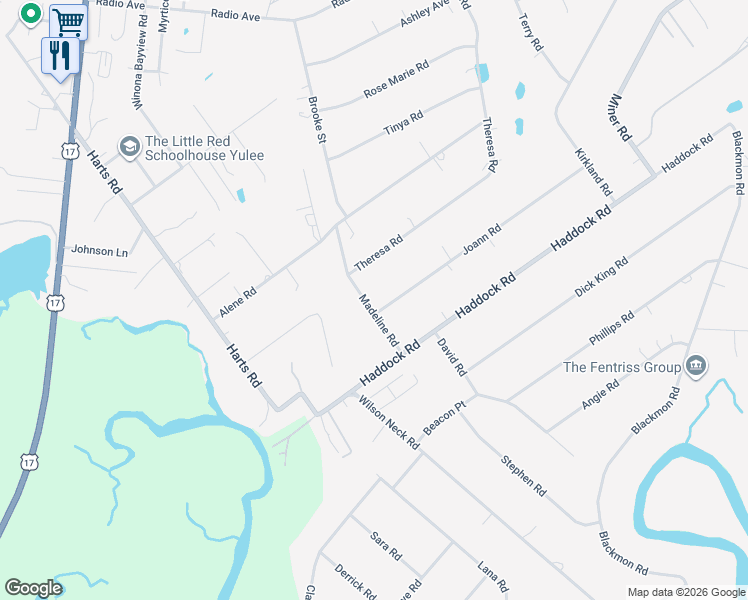map of restaurants, bars, coffee shops, grocery stores, and more near 85173 Madeline Road in Yulee