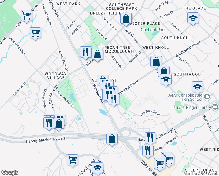 map of restaurants, bars, coffee shops, grocery stores, and more near 301 Southwest Parkway in College Station