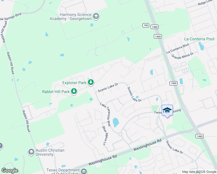 map of restaurants, bars, coffee shops, grocery stores, and more near 5717 Scenic Lake Drive in Georgetown