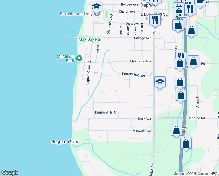 map of restaurants, bars, coffee shops, grocery stores, and more near 1153 Landings Road in Daphne