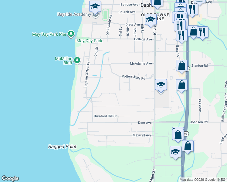 map of restaurants, bars, coffee shops, grocery stores, and more near 1165 Landings Road in Daphne