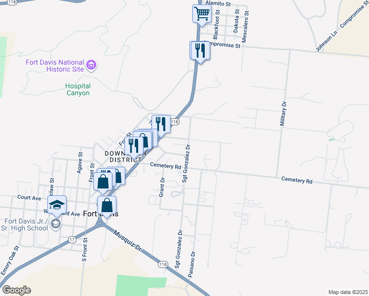 map of restaurants, bars, coffee shops, grocery stores, and more near 300 Sgt Gonzalez Drive in Fort Davis