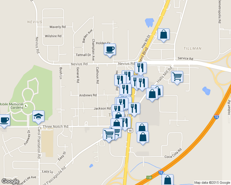 map of restaurants, bars, coffee shops, grocery stores, and more near 5600 Andrews Road in Mobile
