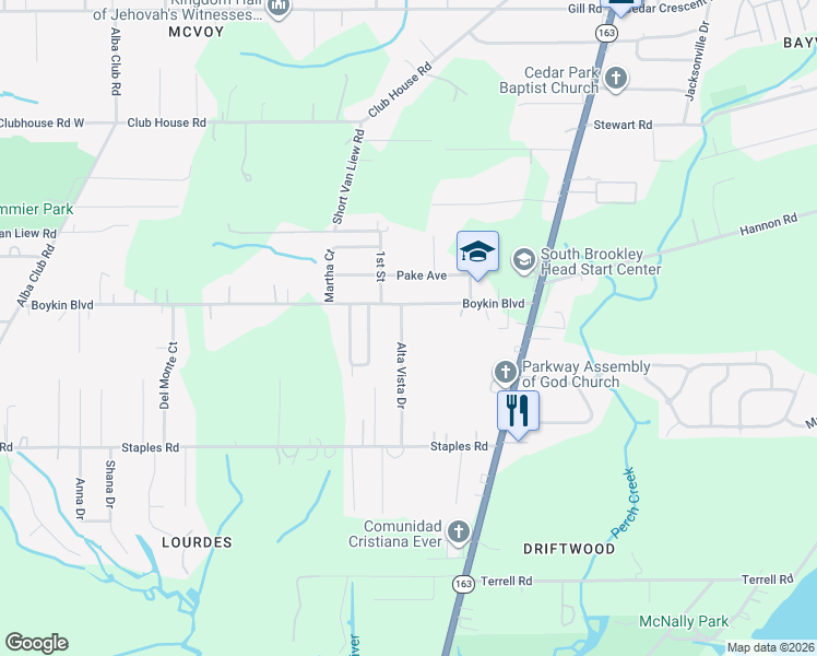 map of restaurants, bars, coffee shops, grocery stores, and more near 3772 Alta Vista Drive in Mobile