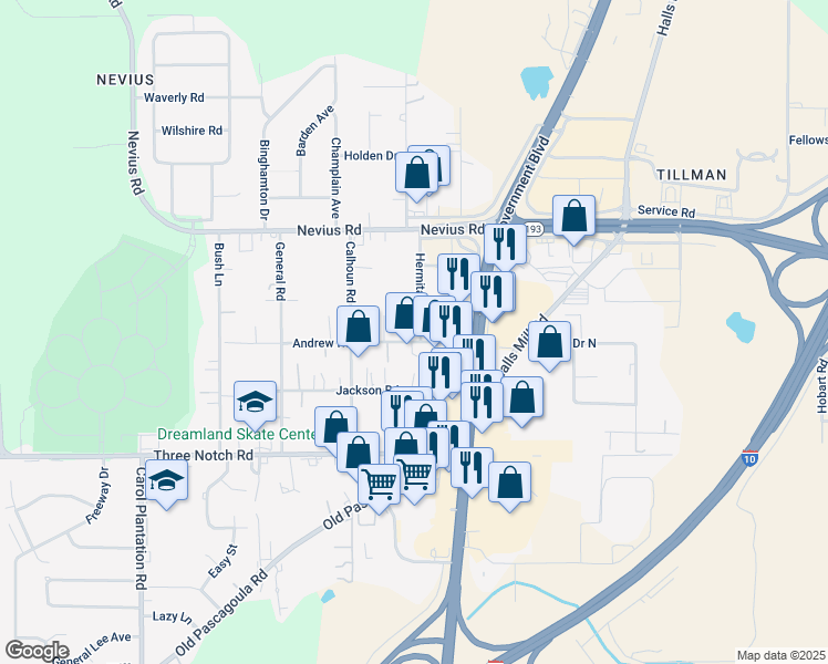 map of restaurants, bars, coffee shops, grocery stores, and more near 4651 Andrews Road in Mobile