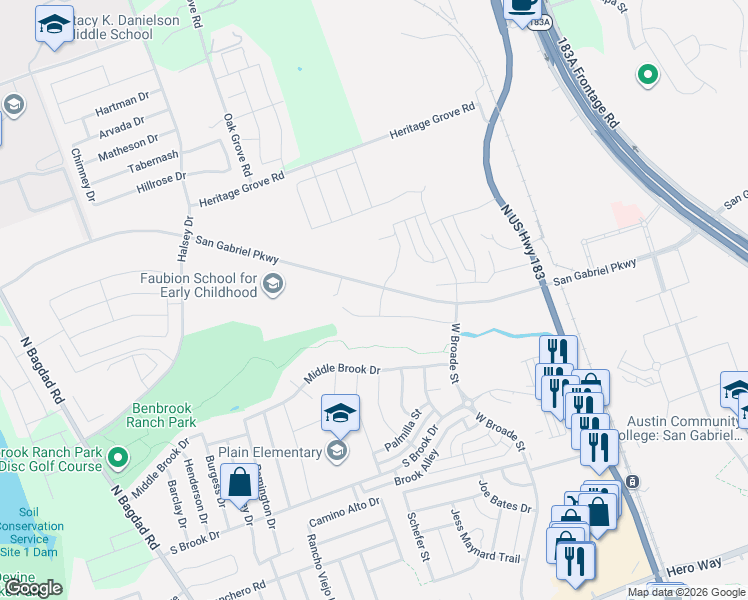 map of restaurants, bars, coffee shops, grocery stores, and more near 1313 Mustang Brook Lane in Leander