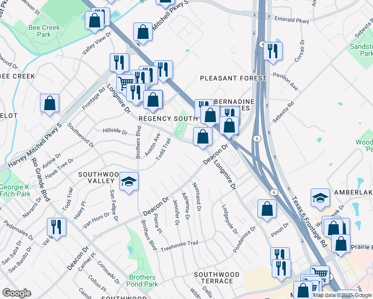 map of restaurants, bars, coffee shops, grocery stores, and more near 2701 Longmire Drive in College Station