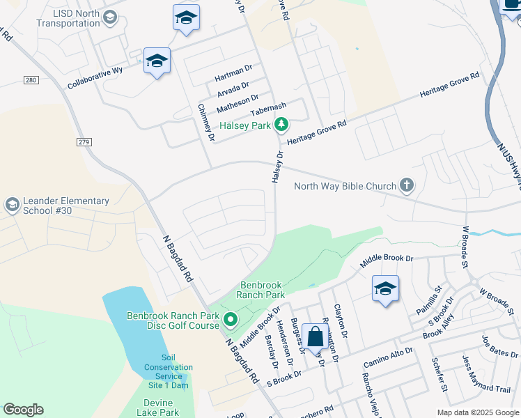 map of restaurants, bars, coffee shops, grocery stores, and more near 1307 Hensley Drive in Leander