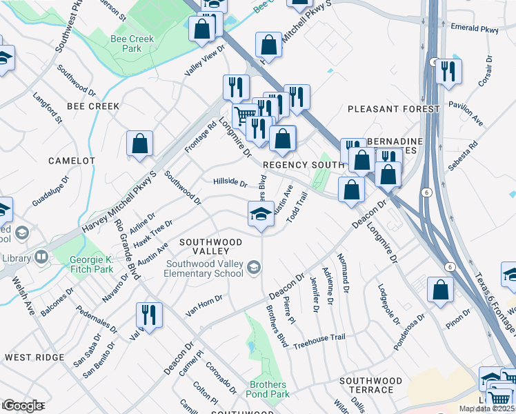 map of restaurants, bars, coffee shops, grocery stores, and more near 1524 Hillside Drive in College Station