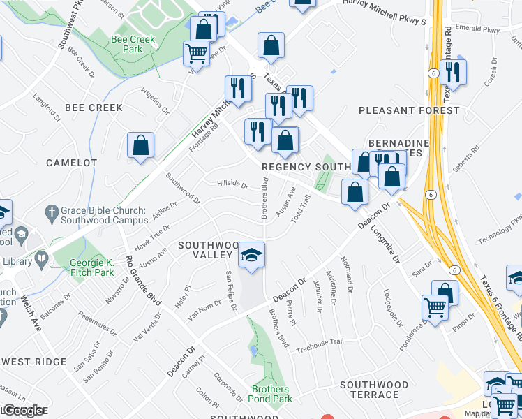map of restaurants, bars, coffee shops, grocery stores, and more near 1524 Hillside Drive in College Station