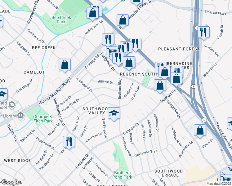 map of restaurants, bars, coffee shops, grocery stores, and more near 1524 Hillside Drive in College Station