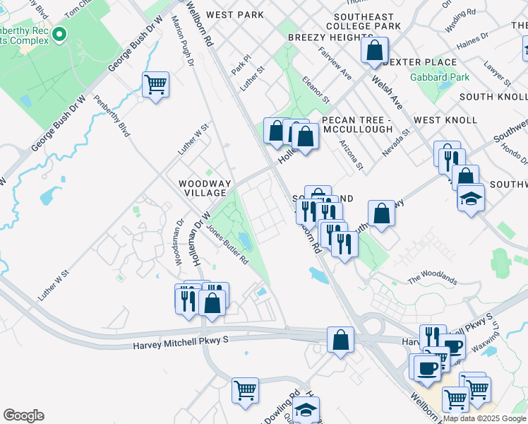 map of restaurants, bars, coffee shops, grocery stores, and more near 18 Southwest Pw West in College Station