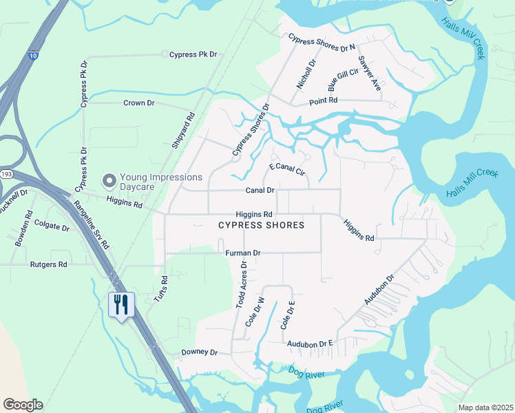 map of restaurants, bars, coffee shops, grocery stores, and more near 4160 Higgins Road in Mobile