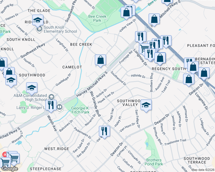 map of restaurants, bars, coffee shops, grocery stores, and more near 1221 Airline Drive in College Station