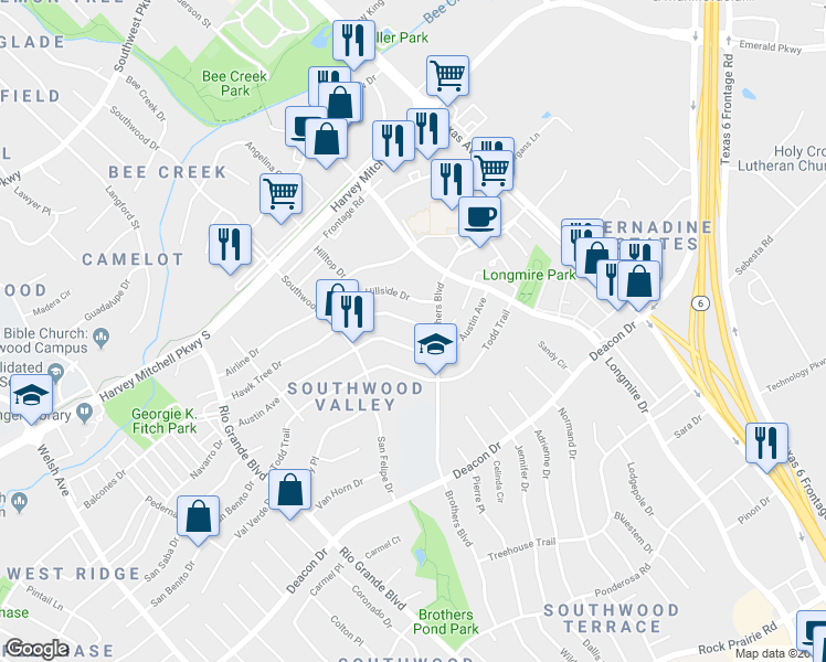 map of restaurants, bars, coffee shops, grocery stores, and more near 1512 Hawk Tree Drive in College Station