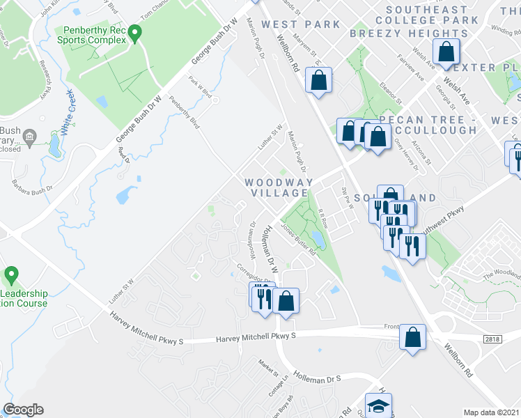 map of restaurants, bars, coffee shops, grocery stores, and more near 1800 Woodsman Drive in College Station