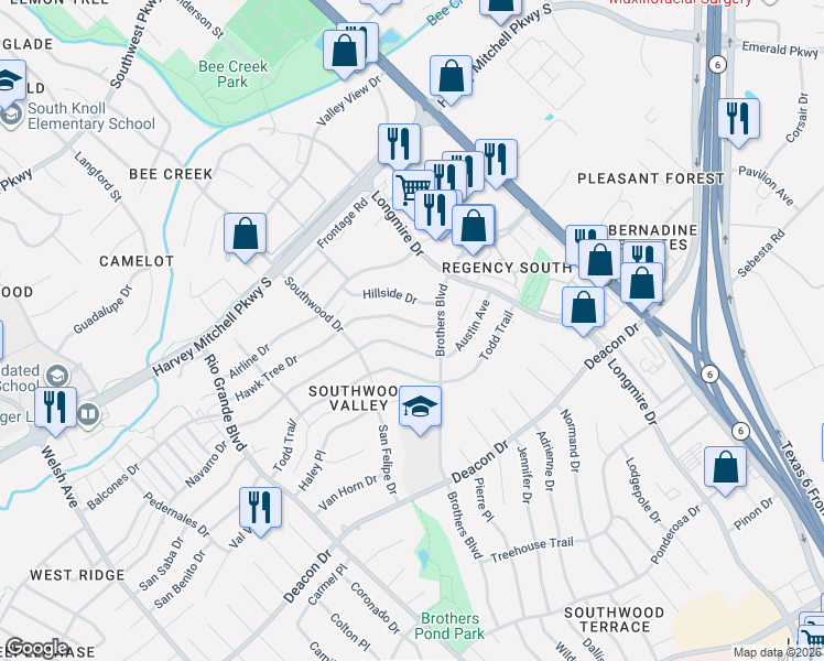 map of restaurants, bars, coffee shops, grocery stores, and more near 1524 Hillside Drive in College Station