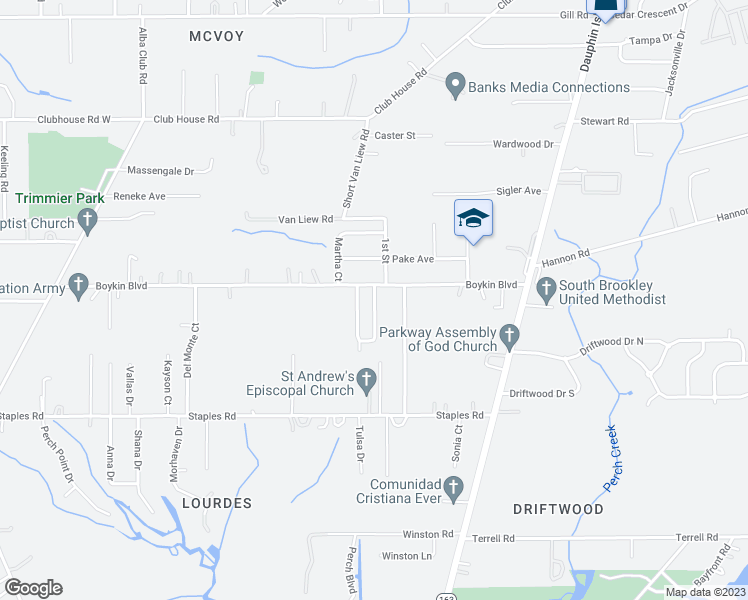 map of restaurants, bars, coffee shops, grocery stores, and more near 3758 Alta Vista Drive East in Mobile