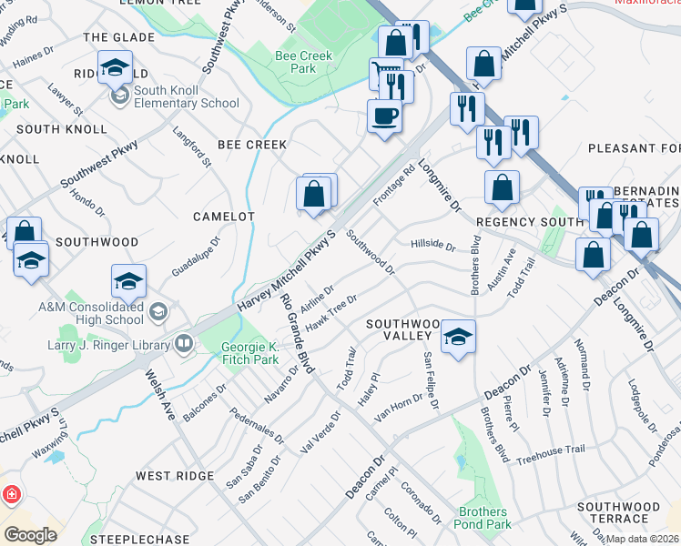 map of restaurants, bars, coffee shops, grocery stores, and more near 1221 Airline Drive in College Station