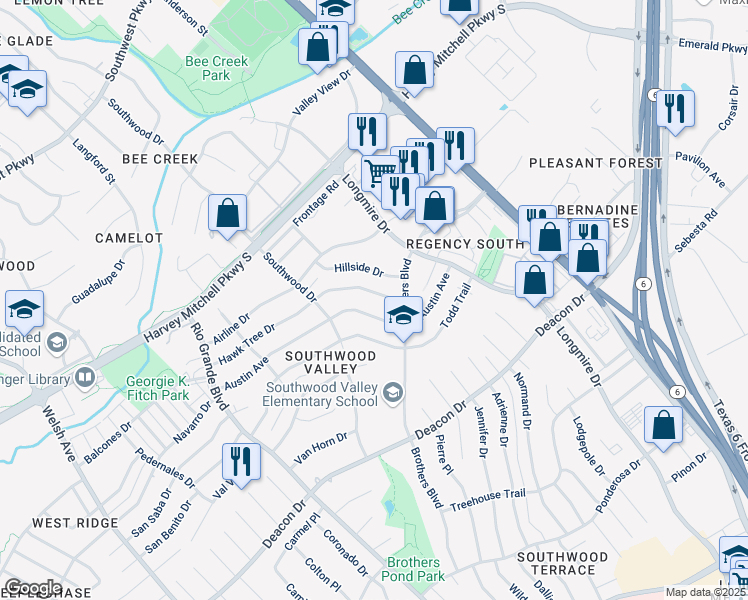 map of restaurants, bars, coffee shops, grocery stores, and more near 1524 Hillside Drive in College Station