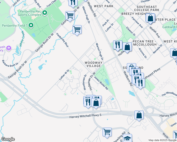 map of restaurants, bars, coffee shops, grocery stores, and more near 1800 Woodsman Drive in College Station