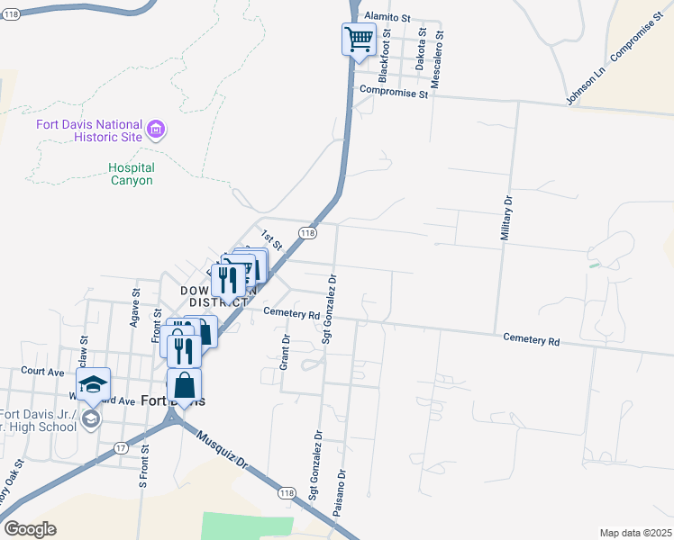 map of restaurants, bars, coffee shops, grocery stores, and more near 300 Sgt Gonzalez Drive in Fort Davis