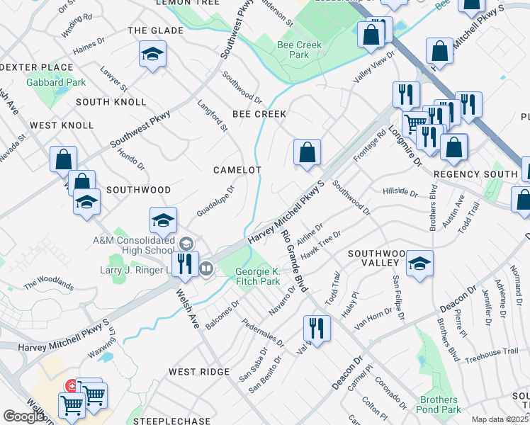 map of restaurants, bars, coffee shops, grocery stores, and more near 1951 Harvey Mitchell Parkway South in College Station