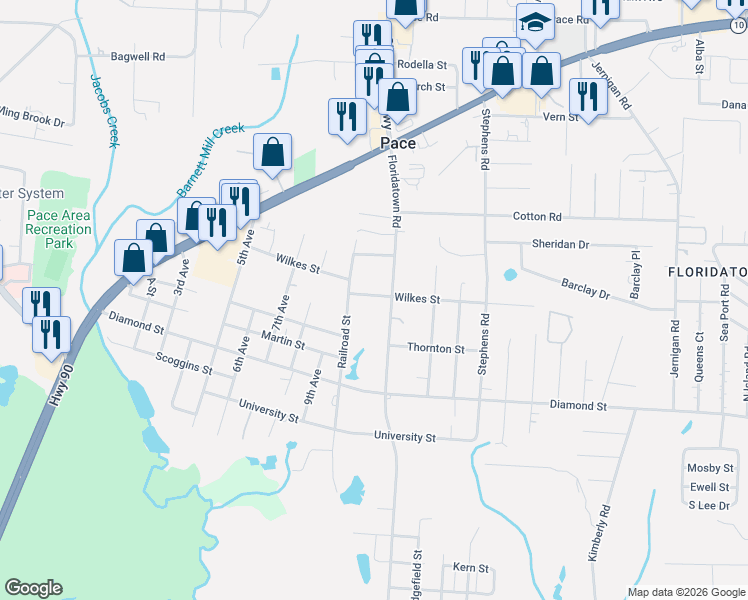 map of restaurants, bars, coffee shops, grocery stores, and more near 3870 Wilkes Street in Pace