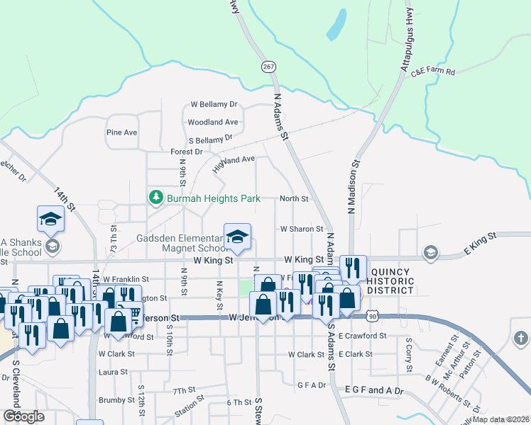 map of restaurants, bars, coffee shops, grocery stores, and more near 436 North Calhoun Street in Quincy