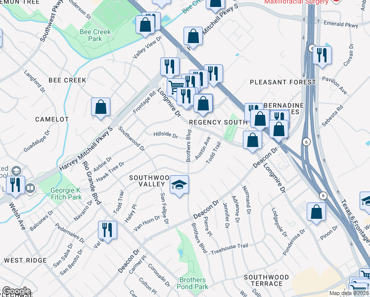 map of restaurants, bars, coffee shops, grocery stores, and more near 1524 Hillside Drive in College Station