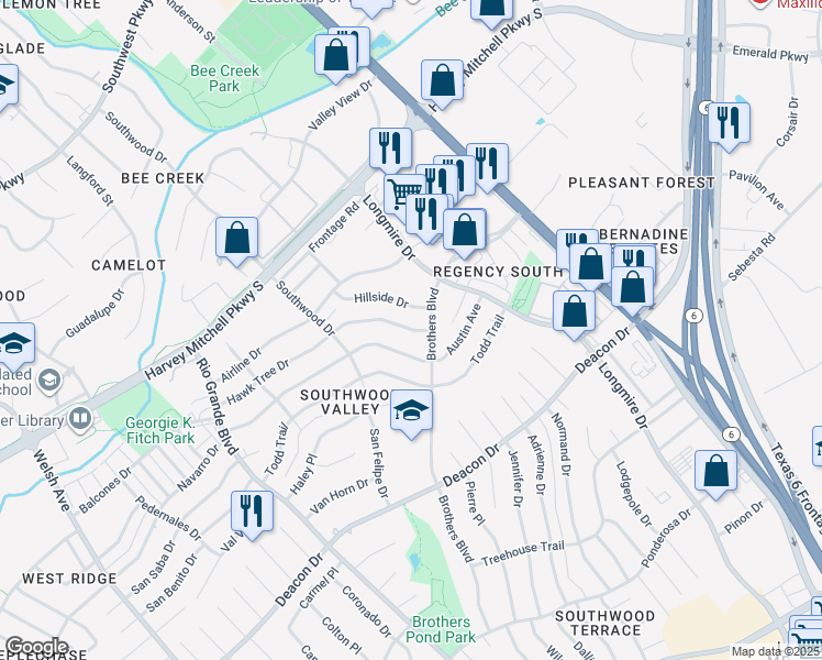 map of restaurants, bars, coffee shops, grocery stores, and more near 1524 Hillside Drive in College Station