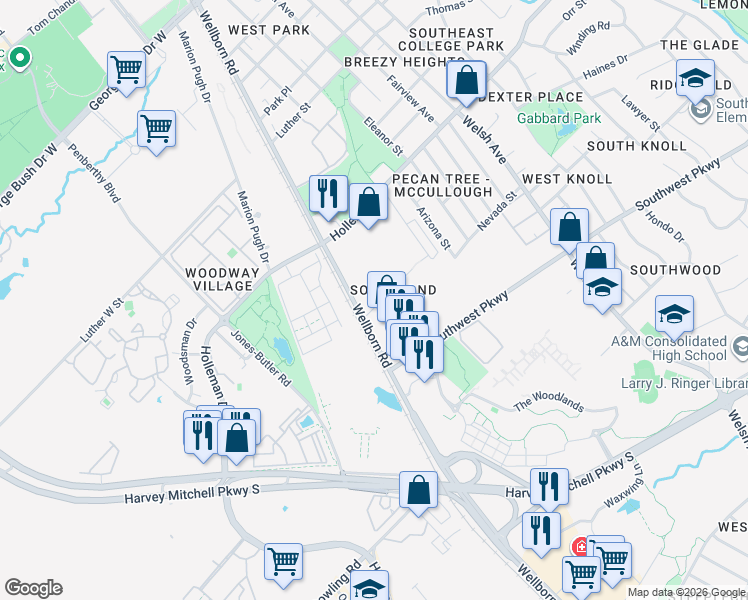 map of restaurants, bars, coffee shops, grocery stores, and more near 111 Southland Street in College Station