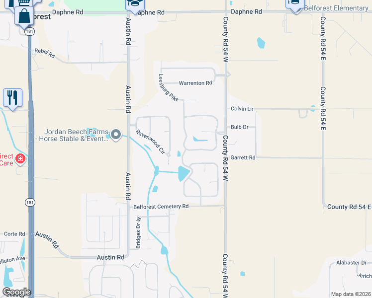 map of restaurants, bars, coffee shops, grocery stores, and more near 25298 Fairfax Rd in Daphne