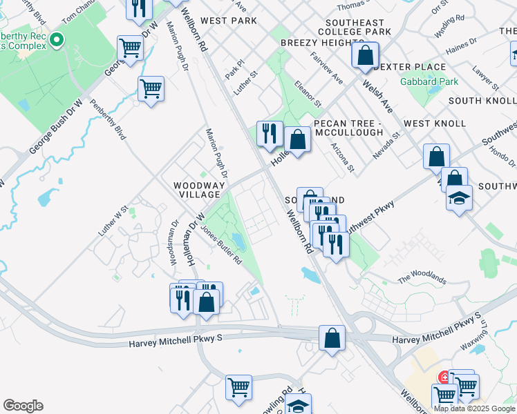 map of restaurants, bars, coffee shops, grocery stores, and more near 117 Holleman Drive West in College Station