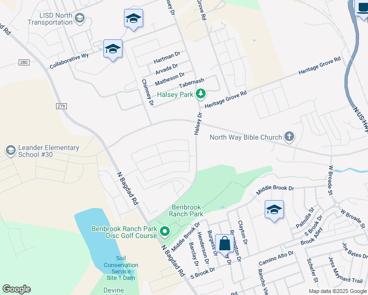 map of restaurants, bars, coffee shops, grocery stores, and more near 906 Washburn Drive in Leander