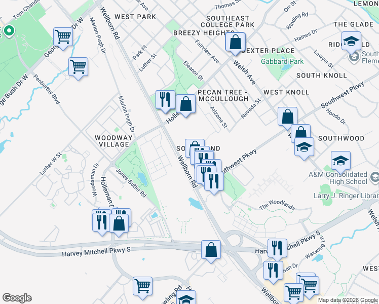 map of restaurants, bars, coffee shops, grocery stores, and more near 111 Southland Street in College Station