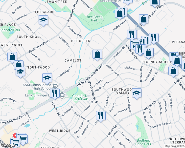 map of restaurants, bars, coffee shops, grocery stores, and more near 2015 Harvey Mitchell Parkway South in College Station