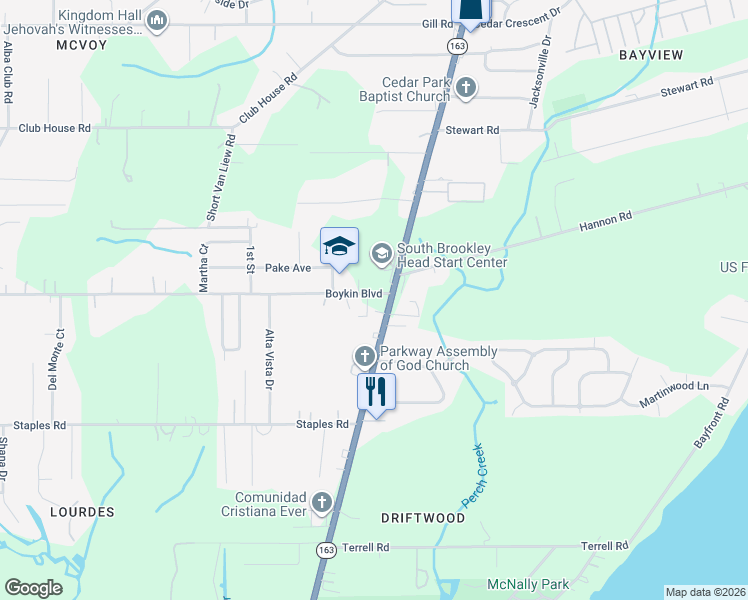 map of restaurants, bars, coffee shops, grocery stores, and more near 1631 Boykin Boulevard in Mobile