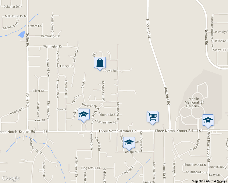 map of restaurants, bars, coffee shops, grocery stores, and more near 4515 Schimpfs Ln in Mobile