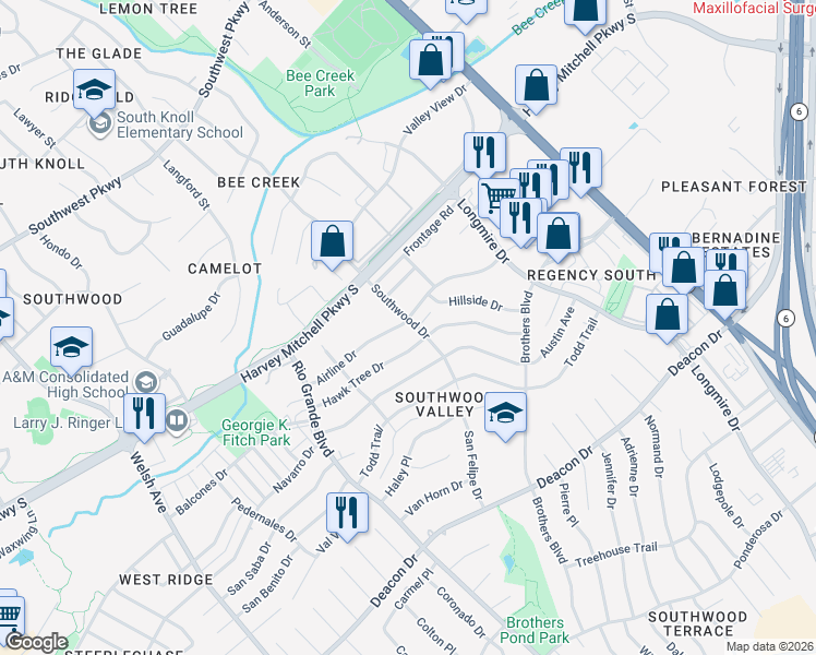 map of restaurants, bars, coffee shops, grocery stores, and more near 1321 Airline Drive in College Station