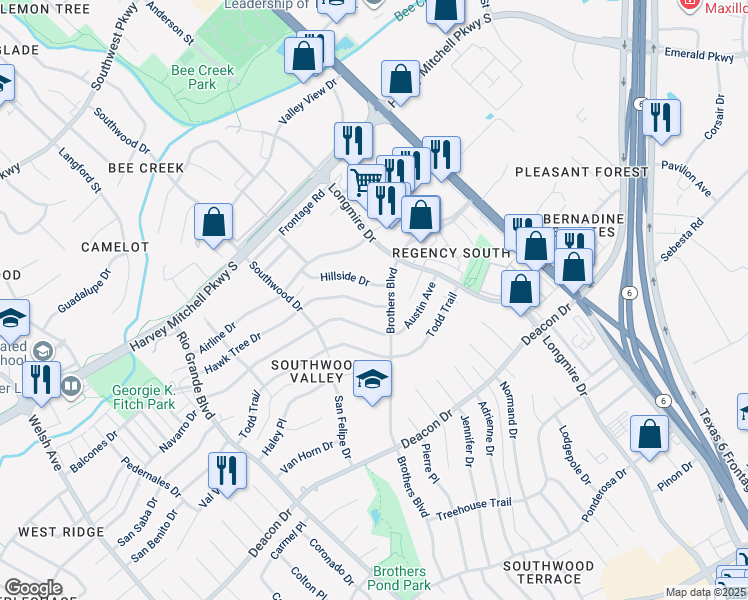 map of restaurants, bars, coffee shops, grocery stores, and more near 1524 Hillside Drive in College Station