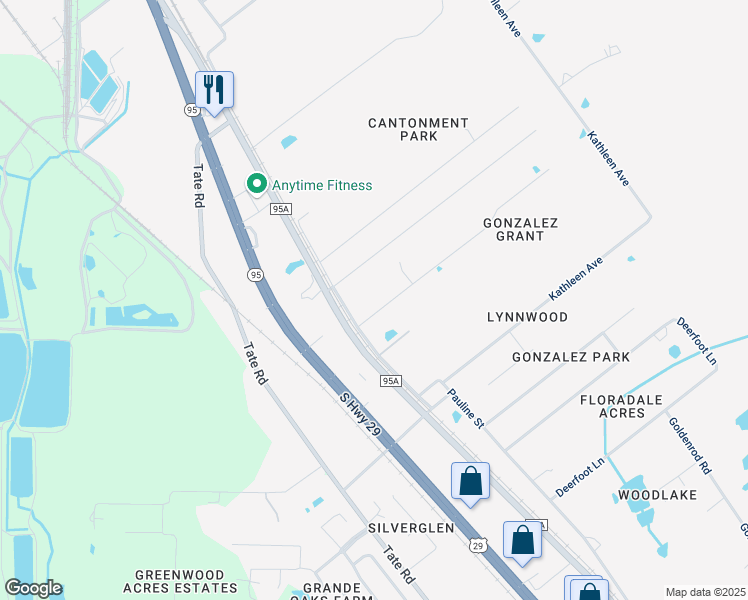 map of restaurants, bars, coffee shops, grocery stores, and more near 694 Candy Lane in Cantonment