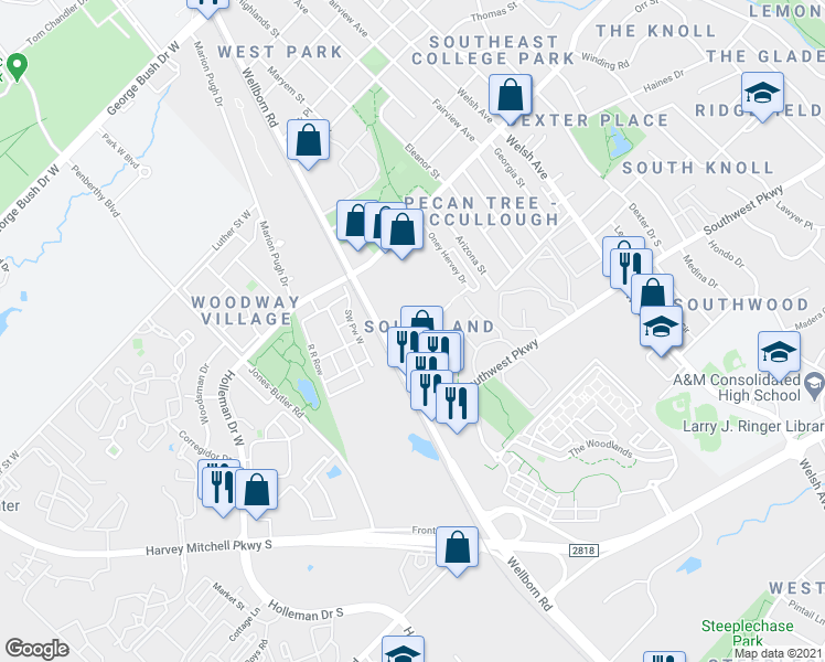 map of restaurants, bars, coffee shops, grocery stores, and more near 111 Southland Street in College Station
